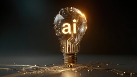An artistic representation features a lightbulb constructed from circuit board elements, illuminated by a warm, glowing light. The word "ai" is prominently displayed within the bulb. The image utilizes digital rendering techniques with selective focus, against a dark background with scattered light trails. This design could be utilized in various technological or educational projects.の素材