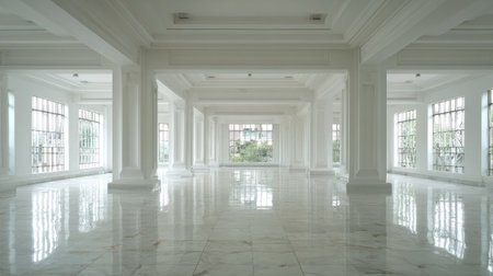 An open, bright interior space features classical architecture elements. Columns support a high ceiling, and large windows admit soft natural light, reflecting on the polished marble floor. The overall style suggests a building designed with clean lines and a sense of openness. Suitable for architectural, interior design, or luxury lifestyle themes.の素材