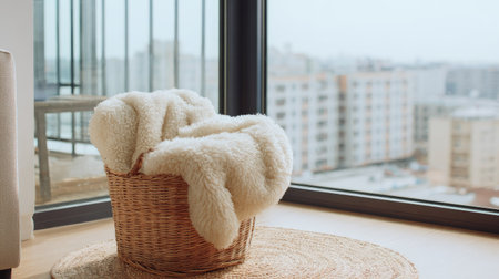 A fluffy white blanket rests inside a woven basket placed near a large window. The composition features soft textures, neutral tones, and natural light, suggesting a comfortable interior setting. The background shows a blurry cityscape. Suitable for lifestyle, home decor, or conceptual illustrations.の素材
