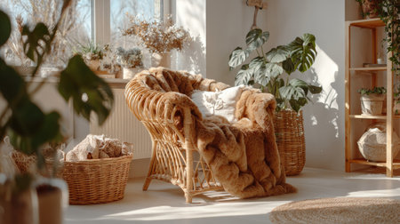 An inviting interior showcases a wicker chair draped with a plush blanket. Lush green plants adorn the room near a sunlit window. The composition features natural textures and warm colors. Suitable for home decor, lifestyle projects, and various editorial applications.の素材