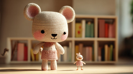 A crocheted mouse toy stands beside a smaller figure, both situated on a wooden surface. The objects are in a soft, inviting style. The lighting suggests a warm, indoor environment with a bookshelf backdrop. This image may be suitable for illustrating children's content, crafts, and educational materials.の素材