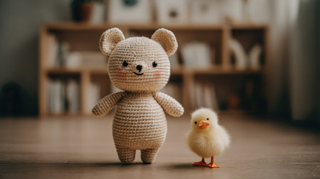 A charming composition features a crocheted bear figurine alongside a fluffy duckling. The soft, textured bear and the yellow duckling are set against a blurred background, suggesting a home setting. The lighting is soft, providing a gentle ambiance. This image is suitable for various commercial uses, including illustrations and designs.の素材