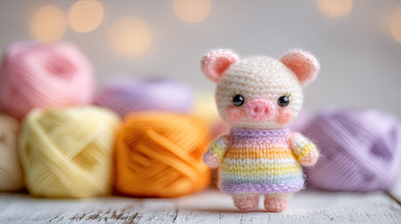 A charming crocheted pig stands in focus before a backdrop of colorful yarn. The soft lighting highlights the texture of the craft and the pastel colors present. The composition suggests a handmade item appropriate for various design projects or decorative uses. The image is suitable for craft-related content.の素材