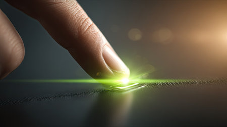 A finger gently touches a bright green light emanating from a dark, reflective surface. The image highlights a futuristic technological concept, with focus on the fingertip and a vibrant light. Warm sunlight-like glow adds depth to the scene, suitable for editorial and commercial applications.の素材