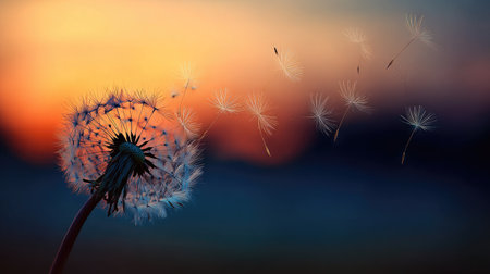 A close-up captures a dandelion seed head with seeds dispersing into the air. The background features a gradient of orange, yellow, and blue hues suggesting a sunset or sunrise. The image has soft lighting and a shallow depth of field, suitable for various editorial and commercial applications.の素材