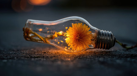 A close-up captures a dandelion flower encased within a clear lightbulb. The bulb rests on a dark surface, illuminated by the flower's glow. The composition showcases the flower's intricate details with soft lighting. This image could be used for conceptual projects, representing ideas, or themes of nature.の素材