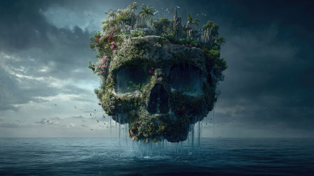 A skull-shaped island floats above the water, covered in lush green vegetation and trees. The surreal scene depicts a natural landscape with a cloudy, atmospheric sky. The composition features a low angle and dramatic lighting, evoking themes of fantasy and adventure for potential editorial and commercial applications.の素材