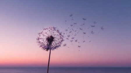 A close-up captures a dandelion shedding seeds, silhouetted against a soft gradient sky. The image showcases a delicate seed dispersal, with subtle variations of color from pink to blue. The composition, using natural light, suggests a serene moment, suitable for representing concepts like dreams or nature.の素材