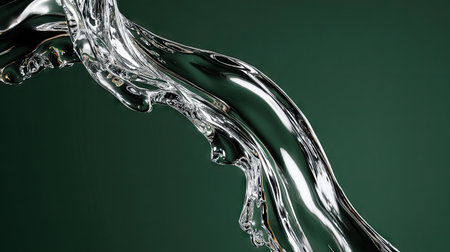 A dynamic image captures flowing water against a rich, dark green backdrop. The clear liquid exhibits smooth curves and reflective surfaces, enhanced by studio lighting. The composition emphasizes fluid movement and form, suggesting possibilities for use in visual concepts or artistic designs.の素材