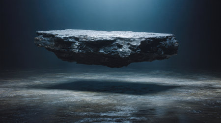 A dark, dramatic image features a large, irregularly shaped rock suspended in a nebulous environment. The rock presents a rugged, textured surface with hints of gray and white. Soft lighting creates shadows and a sense of depth. Suitable for concepts of fantasy, surrealism, or as a backdrop in commercial projects.の素材