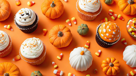 An overhead shot reveals a vibrant assortment of cupcakes and pumpkins. The cupcakes feature white frosting, while various pumpkins display orange and green hues. Scattered candy corn adds to the festive ambiance. This composition offers visual interest suitable for diverse commercial and editorial applications.の素材