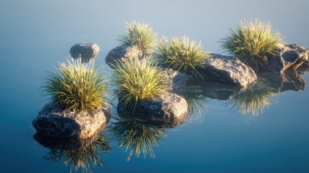The image showcases several rocks each topped with tufts of green grass, gently floating on a still body of water. The scene is bathed in soft, diffused light, suggesting a tranquil and possibly early morning or evening atmosphere. The composition emphasizes natural elements, suitable for various editorial and commercial applications.の素材