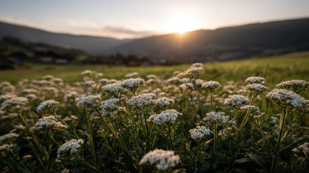 A field of small white flowers dominates the foreground, bathed in the warm glow of a setting sun. The composition includes distant mountains and a field of green grass, with soft lighting enhancing the natural beauty. This image is suitable for various commercial uses, including website backgrounds and print media.の素材