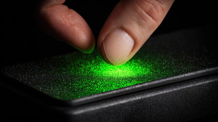 A close-up view shows a finger interacting with a glowing green surface. The image highlights the texture and form of the digit against the luminous area. The lighting is focused and dramatic, suggesting a technological context. Potential uses include illustrations for security or digital interaction themes.の素材