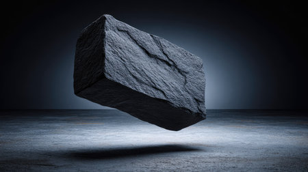 A dark, textured rock floats against a muted background. The stone appears to be suspended, with a distinct shadow indicating a light source. The composition utilizes a low-angle perspective, emphasizing the object's form. This image is suitable for a range of commercial applications, including editorial and design projects.の素材
