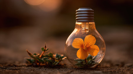 A close-up captures a lightbulb containing a vibrant orange flower. The clear glass bulb reveals the flower's intricate details, contrasted against a blurred, earthy background. The image exhibits soft lighting, highlighting textures. It could be used for concepts related to nature, innovation, or design for commercial and editorial purposes.の素材