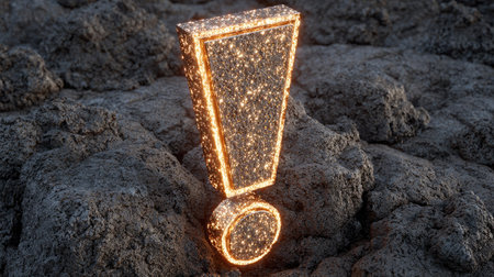 An exclamation mark made of glittering material stands out against a textured stone backdrop. The image features warm tones and a close-up perspective, suggesting depth and dimension. Suitable for various design applications, it conveys a sense of importance and attention-grabbing visuals. The composition could be used in various commercial or editorial contexts.の素材