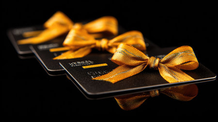 This image features three gift cards arranged in a row, each adorned with a bright, golden ribbon. The cards sit against a dark, reflective surface, creating depth. The composition focuses on the elegance of the items, suitable for promotional purposes.の素材