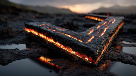 An illuminated abstract form rests within a moody environment. The artwork showcases fiery, vibrant colors against a textured, dark backdrop with a wet reflective surface. The image's composition and lighting create a dramatic and conceptual feel, suitable for creative projects or visual design.の素材