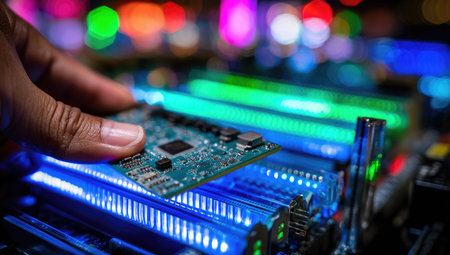 A hand is shown inserting a circuit board into a rack. The image displays a high-tech setting, with the focus on electronic components and their arrangement. Vivid blue and green neon lights illuminate the scene. It could be used for articles, reports, or website content related to technology.の素材