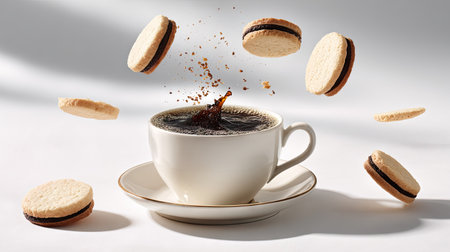 A coffee cup on a saucer with a liquid splash is surrounded by levitating cookies. The image features neutral tones, with soft lighting and a clean, minimalist style. This composition is suitable for various applications, including advertising, editorial content, and culinary presentations.の素材