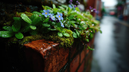 This image showcases a close-up of colorful flowers and lush green foliage growing on a textured brick wall. Water droplets glisten on the leaves, creating a wet appearance. The scene's composition utilizes selective focus and suggests an outdoor setting. It could be used for various commercial or editorial applications.の素材
