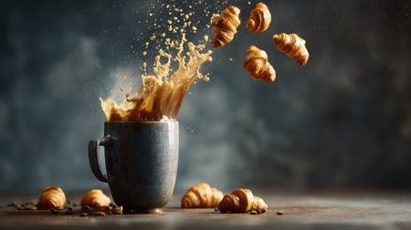 A dark coffee mug is overflowing with a splash of liquid, accompanied by levitating croissants. The image displays warm colors and dynamic composition, with a soft-focus background creating depth. This shot could be used for food blogs, cafe promotions, or culinary advertising.の素材
