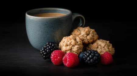 A ceramic mug filled with coffee sits next to a small pile of cookies and fresh berries. The scene is illuminated by soft light, casting shadows. The image showcases natural food elements on a dark backdrop. Suitable for food blogs, recipe websites, and advertising purposes.の素材