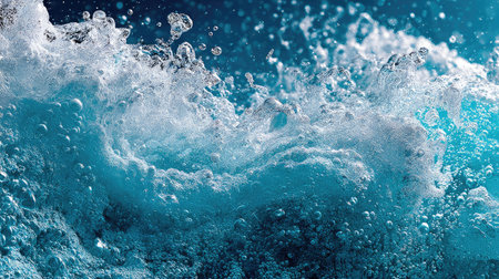 This image showcases a dynamic composition of water in motion, featuring frothy white bubbles against a range of blue shades. The texture is rough and foamy, lit to highlight the details of the water's surface. Suitable for use in a variety of visual projects, this image could serve commercial or editorial purposes.の素材