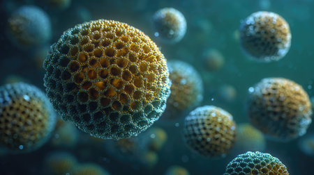 This image features numerous spherical structures with a distinct textured surface. The primary focus is on a prominent sphere, while others are partially visible in the background, creating depth. The composition utilizes a blurred effect, likely in a dark environment with blue and yellow hues. Suitable for scientific, educational, and abstract design purposes.の素材