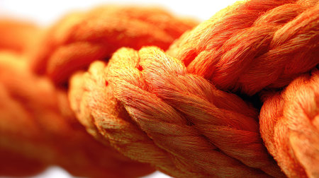 This close-up showcases a thick orange rope, its textured surface and interwoven fibers clearly visible. The lighting highlights the rope's construction, emphasizing its strength and detail. This image could be used in various commercial applications, such as illustrating texture or construction materials.の素材