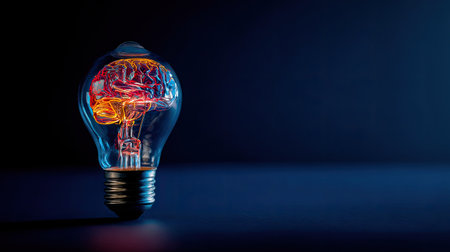 A digital rendering presents a brain illuminated within a transparent lightbulb against a dark backdrop. The composition features a shallow depth of field, with soft lighting enhancing the central subject. This image may be suitable for illustrating themes of innovation, creativity, and the power of ideas for various commercial or educational contexts.の素材