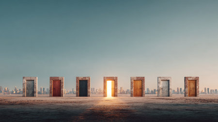 The image showcases a row of doors, each with a unique color, standing against a blurred cityscape and sky. One door glows brightly, suggesting an open path. The composition highlights contrasting tones and textures under soft lighting, possibly suitable for editorial articles or commercial projects related to decision-making or new beginnings.の素材