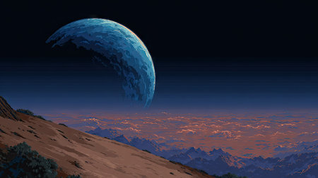 An illustration depicts a planet with blue and white features rising above a textured landscape. The scene features a dark night sky with varying shades of blue and orange hues. This composition could be used in science fiction, educational, or creative projects.の素材