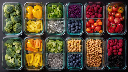 An overhead view displays a collection of prepared meals in clear glass containers. The containers are filled with a variety of fresh produce, including broccoli, peppers, berries, and grains. The image features a bright and colorful palette, suggesting health and wellness, suitable for promotional or editorial purposes.の素材