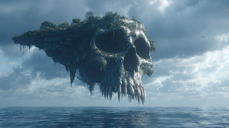A giant skull-shaped island floats above the water in this conceptual illustration. The image showcases a dark, foreboding atmosphere with a cloudy sky and an expansive ocean. This visually striking image, with its unique composition, is suitable for editorial or commercial projects.の素材