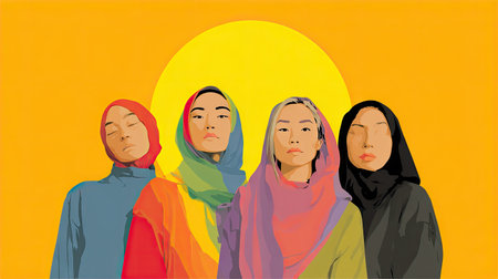 Four women are depicted in a stylized illustration, each wearing a vibrant headscarf and positioned against a yellow background. The composition employs a flat design aesthetic with minimal shading, highlighting the colorful attire and emphasizing the subjects. This graphic could be utilized for various commercial and editorial purposes.の素材