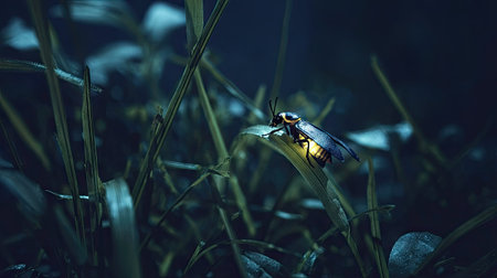 A firefly rests on a blade of grass. The image displays a close-up shot of the insect with a glowing light. The scene is illuminated by the firefly's light, set against a dark background. This image could be used for various projects, including editorial features or marketing content.の素材