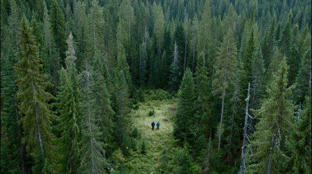 An overhead view reveals a dense forest, dominated by tall evergreen trees. The composition emphasizes the depth of the woods. The image showcases natural textures and a predominantly green color palette. It might be suitable for illustrating environmental themes or outdoor activities.の素材