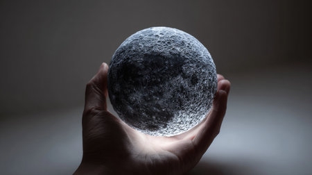 A hand cradles a textured sphere emanating a soft glow. The object has a rough, uneven surface. The image exhibits a dramatic contrast, with the sphere illuminated against a dark backdrop. The composition is simple, emphasizing the object's form. This visual may be used for conceptual or artistic projects.の素材