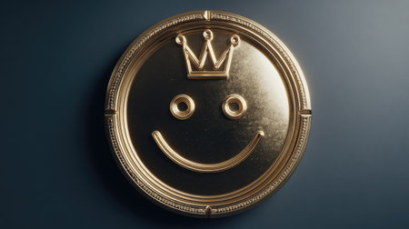 A golden coin featuring a smiling face and a crown emblem is presented against a dark, contrasting background. The metallic texture reflects light, highlighting the design's relief and adding depth. Suitable for visual concepts emphasizing success, quality, or positive emotion. Potential uses span various creative projects and marketing materials.の素材