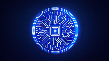 A digital illustration showcases a glowing circuit board design rendered in bright blue against a deep blue background. The composition features intricate lines representing data flow within a circular structure, suggestive of technology and communication. Ideal for concepts related to data, innovation, and digital transformation, suitable for various commercial purposes.の素材