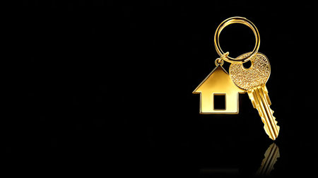 A gold key and a house charm are displayed against a stark black background. The composition highlights the shiny metallic textures and a simple, isolated presentation. The image showcases a studio lighting effect, suggesting commercial use. The overall style is clean and minimal, designed for various editorial or advertising applications.の素材