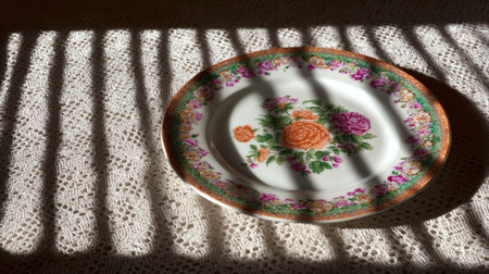 A detailed image displays an ornate plate with a floral design, resting on a textured white surface. The composition is enhanced by the play of light and shadow, creating a dynamic pattern across the scene. The image suggests an indoor setting, and may be used for various commercial or editorial applications.の素材