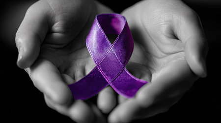 Two hands gently cradle a bright purple ribbon against a grayscale backdrop. The ribbon's texture contrasts with the smooth skin, highlighting its vibrant color. Soft lighting emphasizes the composition, possibly suggesting a message of hope. Suitable for editorial and commercial applications emphasizing solidarity.の素材