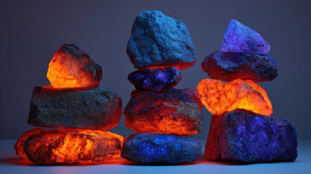 A collection of rocks are stacked on each other, illuminated with vivid orange and blue hues. The composition features a close-up perspective with selective focus, highlighting the textured surfaces and internal glow. This image could be used for various projects, including science, educational materials or abstract design concepts.の素材