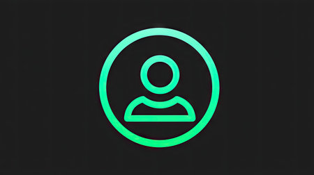 A simplified person icon, rendered in a neon green gradient, is centered within a circle, set against a solid black backdrop. The design employs clean lines and a modern aesthetic, with the glowing effect suggesting digital or technological themes. Suitable for various applications, including website design and graphic illustrations.の素材