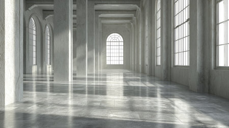 An interior shot reveals a large, open space defined by repeating columns and arched windows, bathed in soft daylight. The composition utilizes clean lines and subtle gradations of gray tones to create a sense of depth and tranquility. This image might be suitable for architectural design, artistic projects, or commercial use as a backdrop.の素材