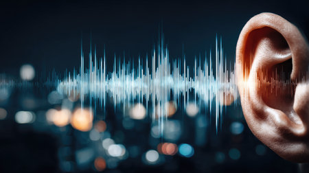 A close-up view depicts a human ear alongside an abstract soundwave visualization. The image displays a cool color palette with prominent blue and white hues against a blurred background. This visual combines anatomy with digital sound representation. It can be utilized in projects about hearing, sound, or communications.の素材