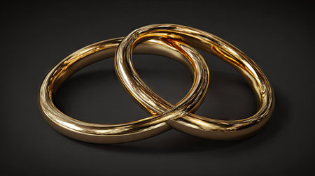 Two gold rings are linked, resting against a dark backdrop. The rings exhibit a glossy texture with reflections, appearing in a studio environment. The composition focuses on the abstract shapes and intricate design, with a potential for commercial use in presentations or advertisements.の素材